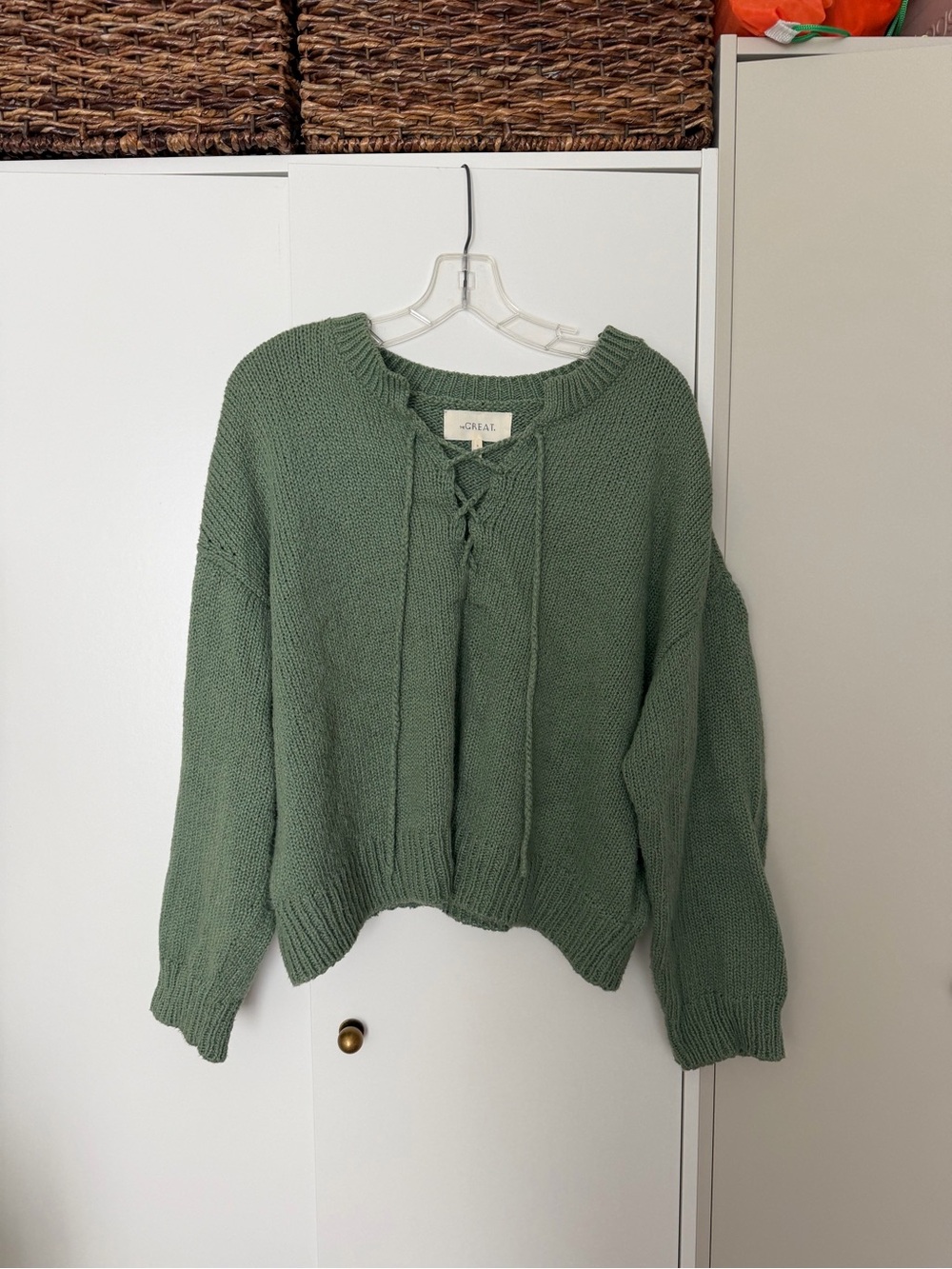 The Great Olive Green Lace-Up Knit Sweater